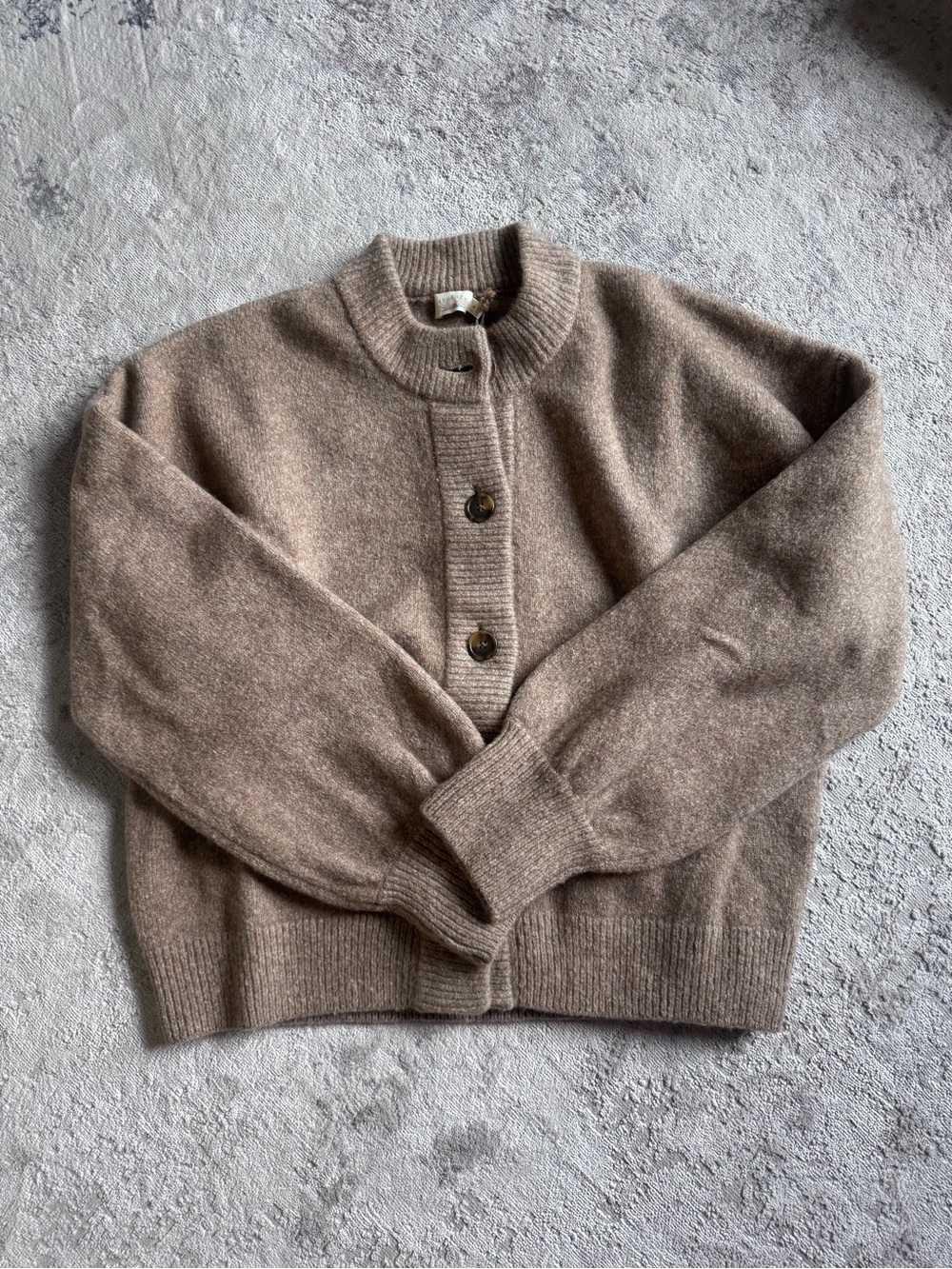 FAHERTY BRAND- Soft Knit Crewneck Cardigan Sweater in Toffee, size M